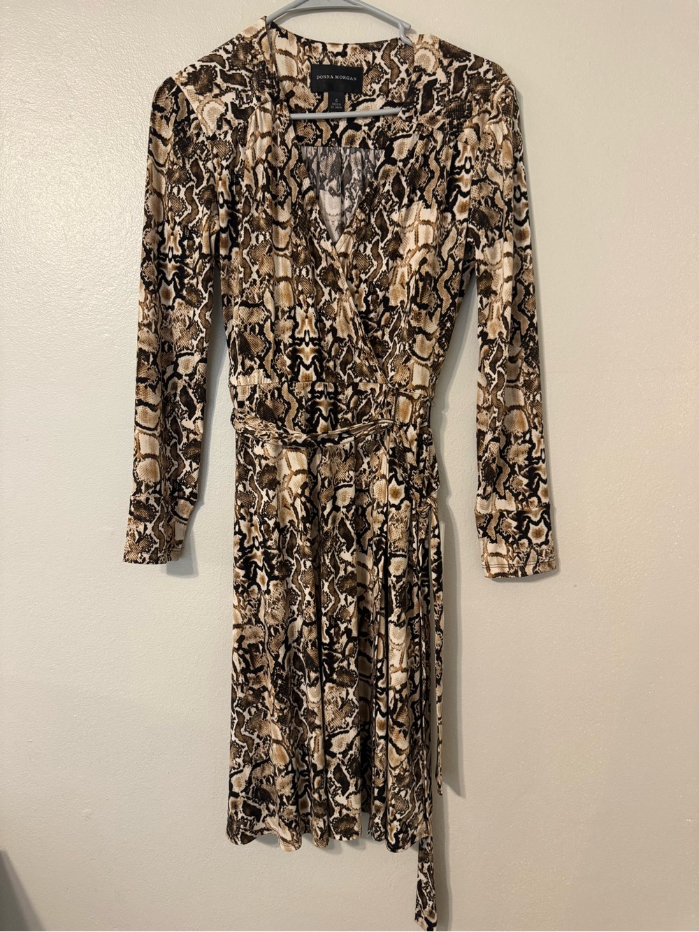 Donna Morgan Brown and Cream Snake-Print Long Sleeve Wrap Dress